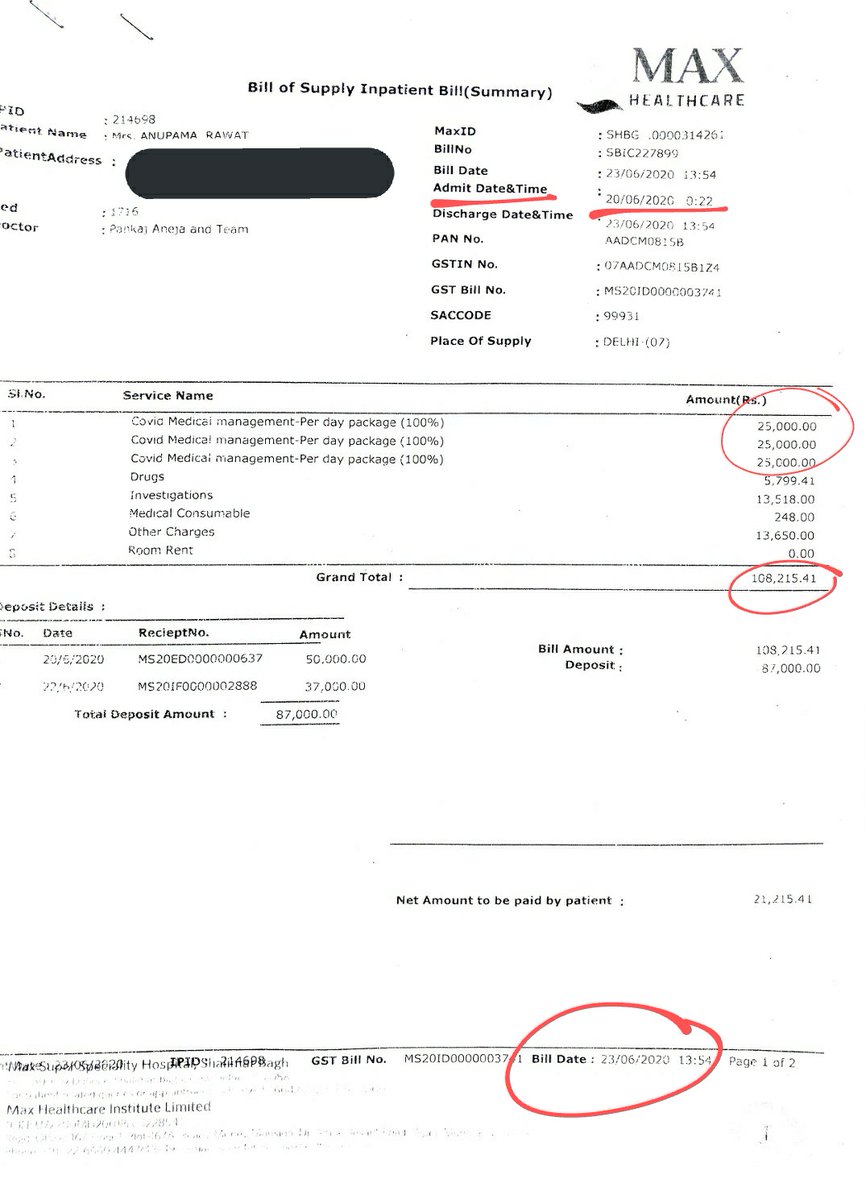 The bill that was given to us by the hospital.Notice the patient admit date and charges.