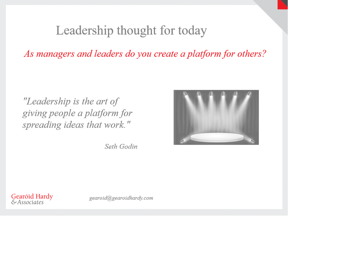gearoid_hardy's tweet photo. As managers and leaders do you create a platform for others? Leadership is the art of giving people a platform for spreading ideas that work." #adaptive,#adaptiveleadership,#leadership,#leadershipadvice,#leadershipdevelopment,#teamdevelopment,#changemanagemnt,#complexchange https://t.co/eWxfY5tGxp