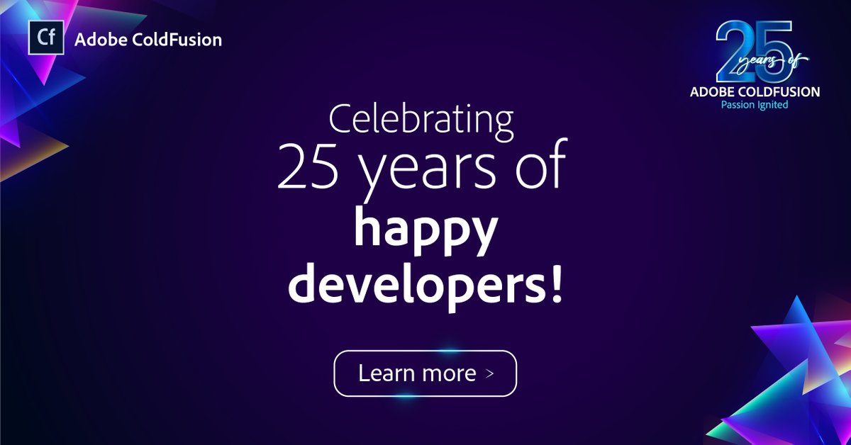 coldfusion's tweet photo. As we ring in 25 years, we’re thrilled that Adobe ColdFusion has left a mark! What could be a better proof than being the undisputed choice of over 70% of Fortune 100 companies and 60% of Fortune 500 companies. Learn more: https://t.co/4ISNMEwUGi #25YearsofCF #Adobe https://t.co/HHgnHFaE1l