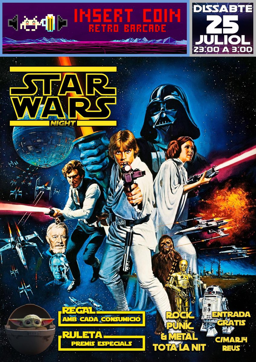 InsertCoinReus's tweet photo. ⚠️¡ATENCIÓN!⚠️ Este próximo sábado 25, de 23 h. a 3 h. tenemos evento especial ¡La Star Wars Night! Una fiesta muy especial con la mejor música y regalos para los asistentes. La entrada es gratis. ¡¡Os esperamos!! 👾🎉🍺🎁 https://t.co/HhZj4ZygF4