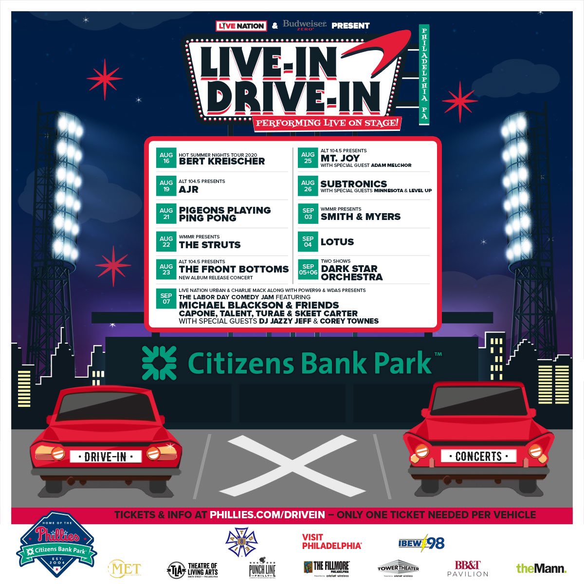 LiveNationPhila's tweet photo. ANNOUNCING 🚘🎶 #LIVEINDRIVEIN at the parking lot at Citizens Bank Park! Join us for our first drive-in concert series with full, live on stage performances from your favorite acts! 
Tickets go on sale Friday, 7/24 at 10am.
 
More info: https://t.co/UDQQQeKfBS https://t.co/hGvr02TxO2