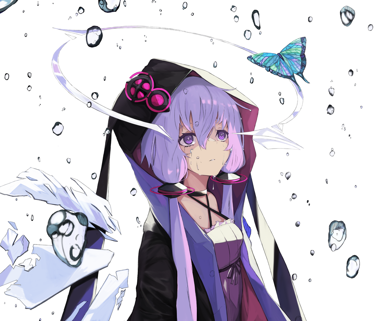 yuzuki yukari 1girl bug purple eyes criss-cross halter hood purple hair butterfly  illustration images