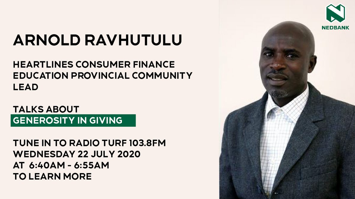 HeartlinesZA's tweet photo. Catch Heartlines Consumer Finance Education Provincial Community Lead Arnold Ravhutulu on @RadioTurf 103.8 FM. In a conversation about Generosity in Giving. Today at 6:40am - 6:55am.

#MoneyManagement
#MoneyValues https://t.co/PdA5FwAnWz