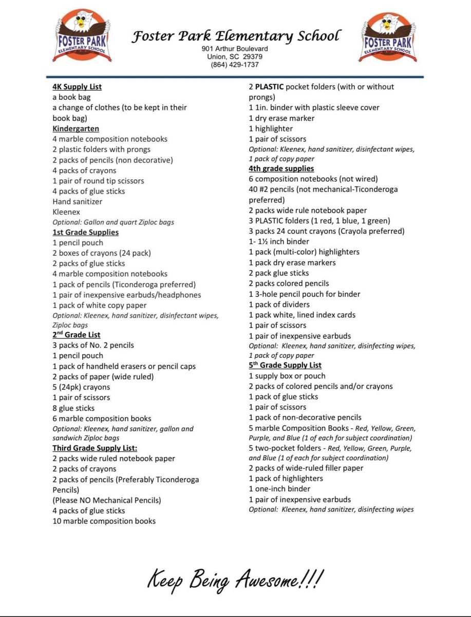 ucsdsc's tweet photo. Union County Elementary Schools 2020-2021 School Supply Lists https://t.co/dCkWvQGa4D
