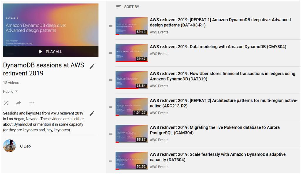 dynamodb's tweet photo. This YouTube playlist includes all DynamoDB-related sessions from AWS re:Invent 2019: https://t.co/Av0IIhWQYf. Plenty of great stuff to watch here. https://t.co/gAzoQAnPpk