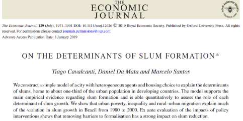Around 1 in 10 people live in slums. What are the economic determinants and what is the role of public policy? "On the determinants of slum formation" by Calvacanti ( @TiagoCa01150760), da Mata ( @damatadan), and Santos  https://bit.ly/3gTLkyf&nbsp; ( @EJ_RES) Highlights