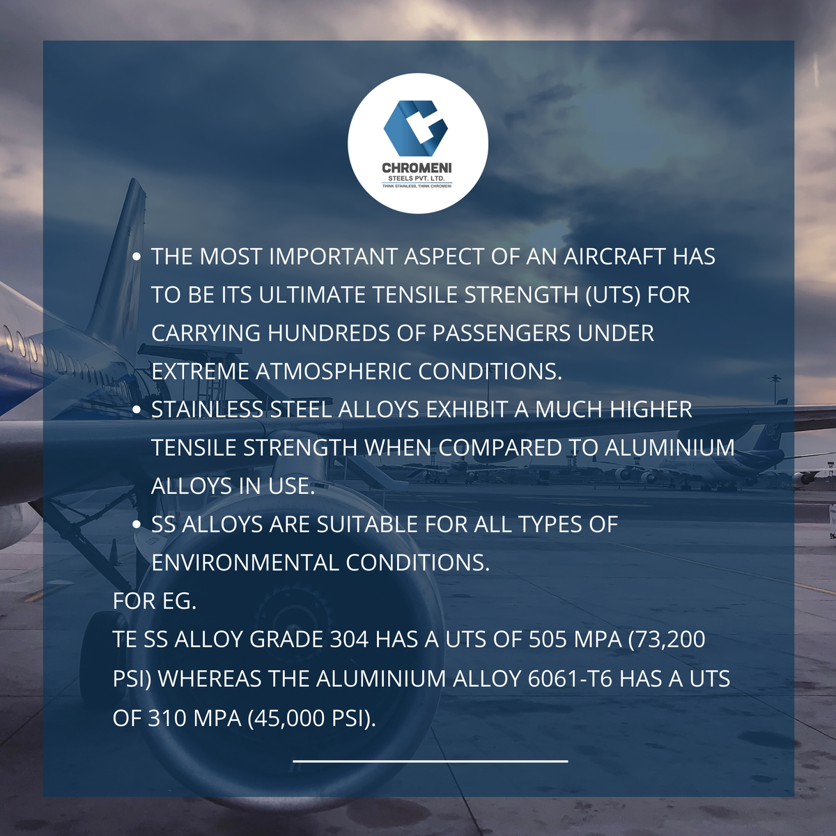 ChromeniSteels's tweet photo. Although Stainless Steel alloys are heavier than aluminium alloys, other properties inculcated in Stainless steel alloys surpass other metals.
#chromeni #thinkstainlessthinkchromeni #aviation #aviationindustry #aircrafts #aluminum #capability #tuesday #thursday #fact14 #post14 https://t.co/Kj5ZbraEle