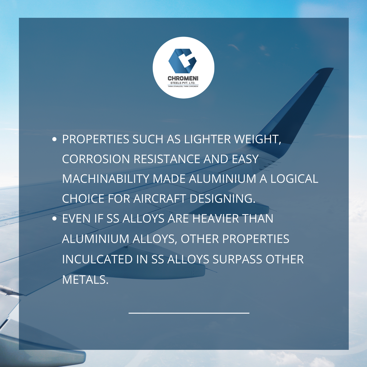ChromeniSteels's tweet photo. Although Stainless Steel alloys are heavier than aluminium alloys, other properties inculcated in Stainless steel alloys surpass other metals.
#chromeni #thinkstainlessthinkchromeni #aviation #aviationindustry #aircrafts #aluminum #capability #tuesday #thursday #fact14 #post14 https://t.co/Kj5ZbraEle
