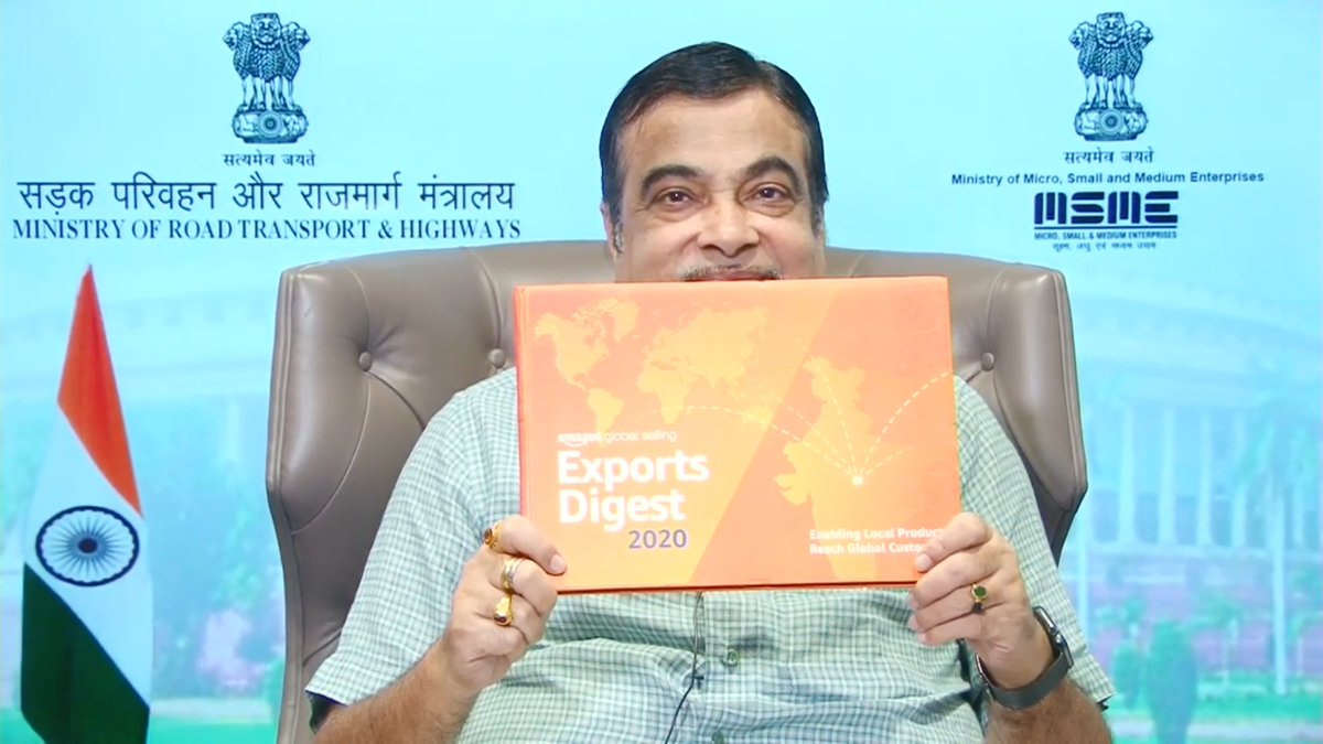 AmazonNews_IN's tweet photo. "Amazon’s global strength gives MSMEs a chance to present their products across the world. This highlights the strength of Amazon as a company and is of great benefit to MSMEs. This is a win-win situation for both"- Shri @nitin_gadkari at the Exports Digest 2020 launch. https://t.co/brTYrXC52h