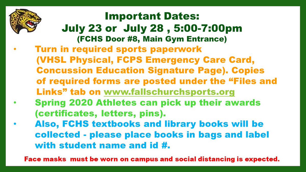 FCJagsAthletics's tweet photo. Hey Jaguars ! We will know more about VHSL sports next week , but we are still collecting required paper work so students are ready to participate when permitted . We are also distributing 2020 spring awards &amp; collecting textbooks on July 23 and July 28 @FallsChurchHS ! https://t.co/JQLG6RSEsv