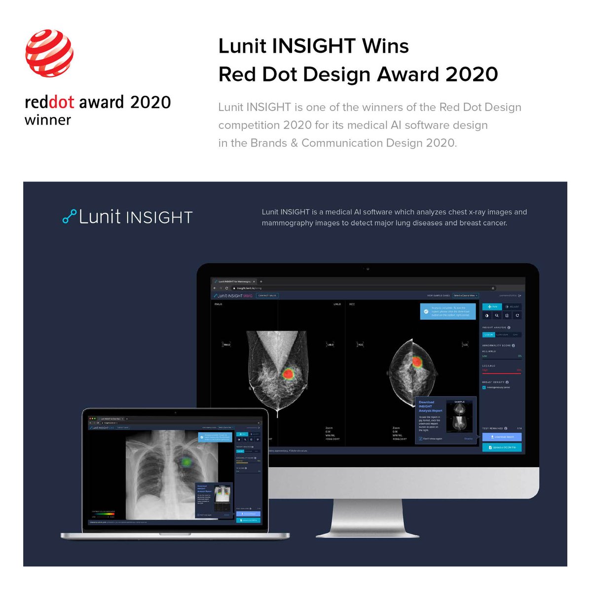 Lunit_AI's tweet photo. Our AI software for Chest x-ray and mammography, Lunit INSIGHT wins #reddotdesignaward! Click here -> https://t.co/npva1zU0rM to take a tour of Lunit INSIGHT and see how it conveniently works! #Lunit #LunitINSIGHT #reddotwinner #reddot2020 #productdesign #AI #AIsoftware https://t.co/ZiPmSOpbfp