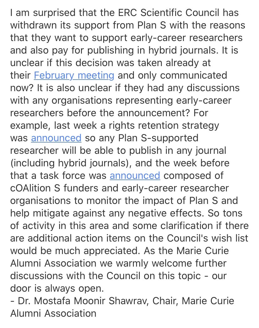 Full quote from @Mariecurie_alum @mmshawrav to @ResearchEurope on surprise decision by @ERC_Research Scientific Council with withdraw support from Plan S 👇 cc @cOAlitionS_OA (1/2)