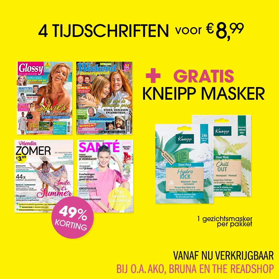 Nu in de winkel: Glossy, Weekend, Santé en Vriendin Zomer + Kneipp masker voor maar € 8,99. Verkrijgbaar bij o.a. AKO, Bruna en The Read Shop. Meer info: bit.ly/38KsOpq