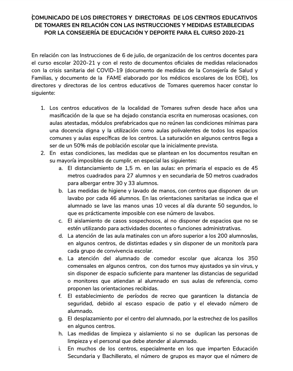 iesitaca's tweet photo. Comunicado de las direcciones de los centros educativos de Tomares ante la reapertura presencial de las aulas en el curso 2020-21 #VueltaSegura #VueltaSinRiesgo https://t.co/F0Rc9Jc6bv