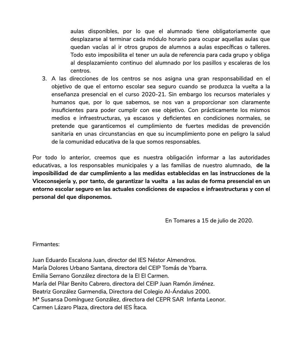 iesitaca's tweet photo. Comunicado de las direcciones de los centros educativos de Tomares ante la reapertura presencial de las aulas en el curso 2020-21 #VueltaSegura #VueltaSinRiesgo https://t.co/F0Rc9Jc6bv