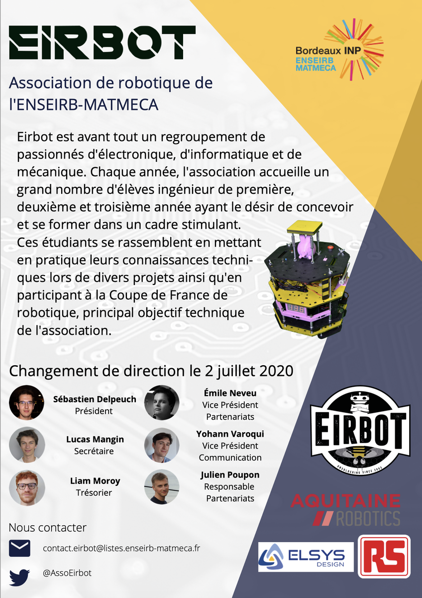AQ_Robotics's tweet photo. Voici le nouveau bureau d'Eirbot ! 

Une belle association d'élèves ingénieurs passionnés aimant en apprendre toujours plus sur la robotique 🤖😍 et participer à la @CoupeRobotique 😁

#robotique #robot 
@AssoEirbot @ENSEIRBMATMECA https://t.co/xtUYfeL5yw