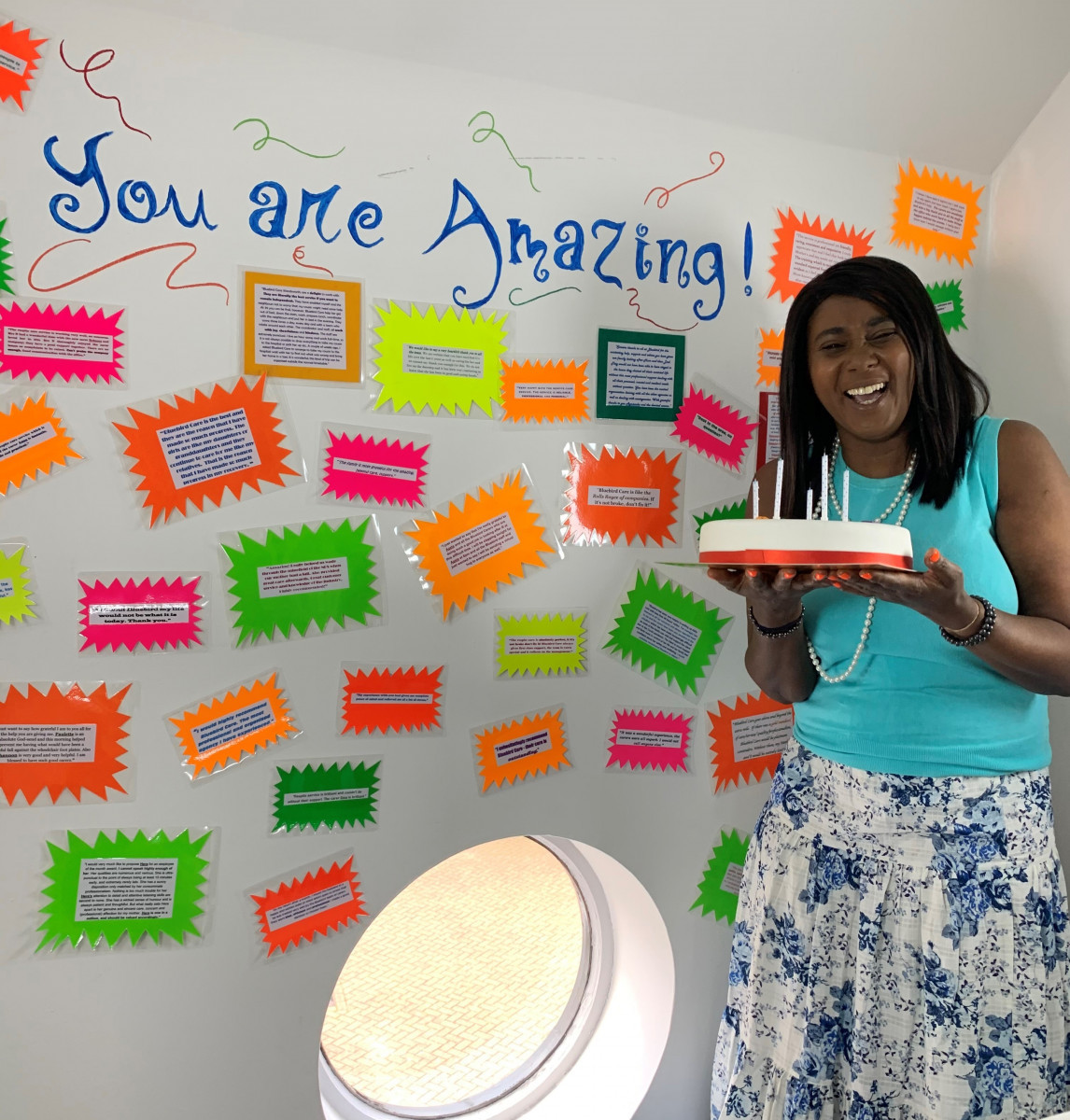 BluebirdCareSW's tweet photo. Our Birthday Girl Yvonne is standing in front of our Customer's Compliment Wall. We wish Yvonne a Happy Birthday and we would also like to thank all our customers for their wonderful feedback. #wandsworth #customers #CareAssistant https://t.co/FwnRUOYPK2