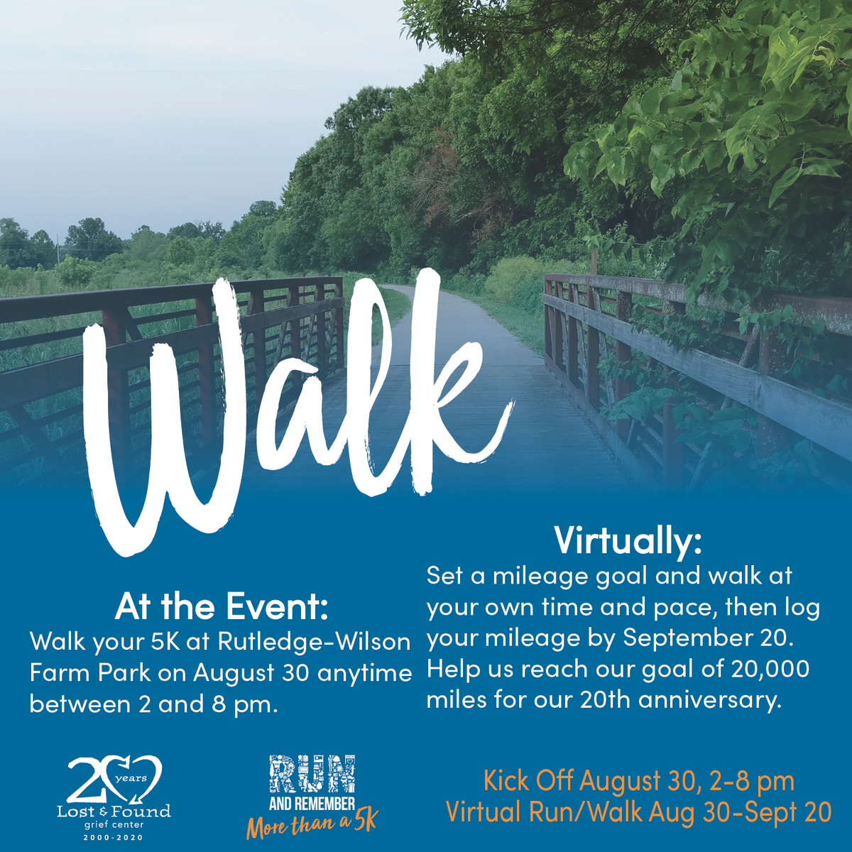 LostandFoundGC's tweet photo. Not a runner? You can walk a 5k or set a mileage goal.
Help us reach our goal of 20,000 miles by inviting friends and family to walk with you from wherever they are.
Register: https://t.co/I6zDtpYcYn
โ
#morethana5k #virtual5k #runandremember https://t.co/a2TYfxQpRD