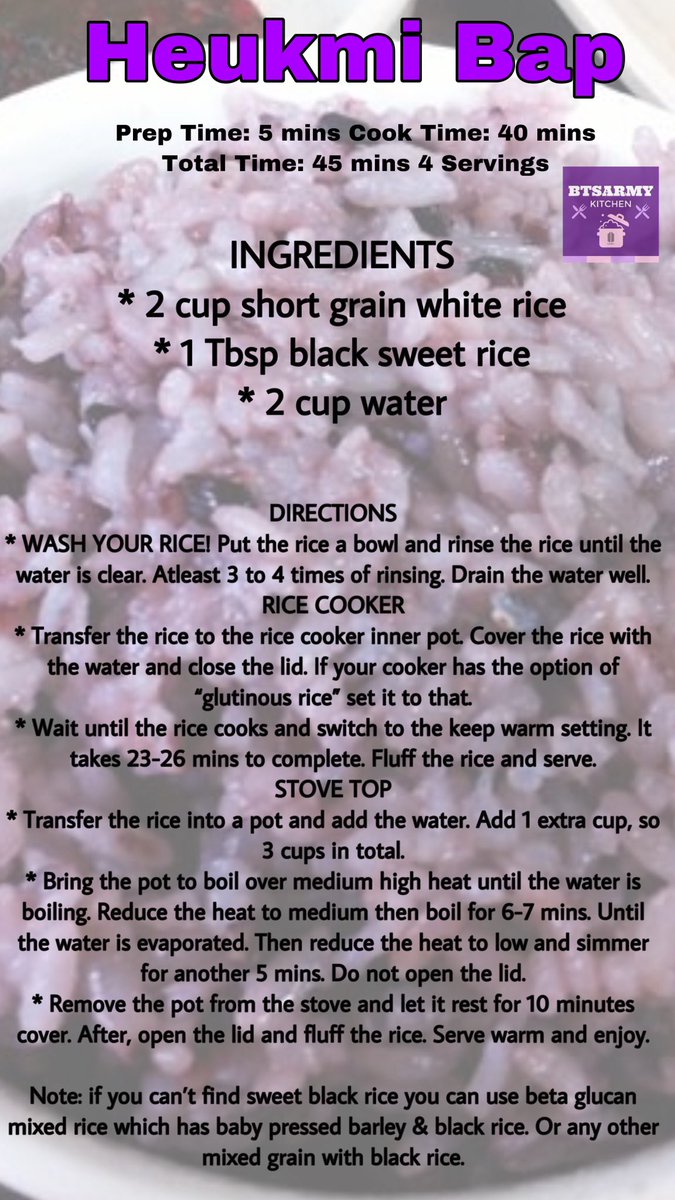 Let’s start off with rice (Bap, 밥)The most common is white rice  but here we bring you two of the most eaten Kimchi Fried Rice & Heukmi Bap (purple/black rice) These are favorite of the boys  #FromBTSARMYKitchen  @BTS_twt  #BTSFavoriteFoods