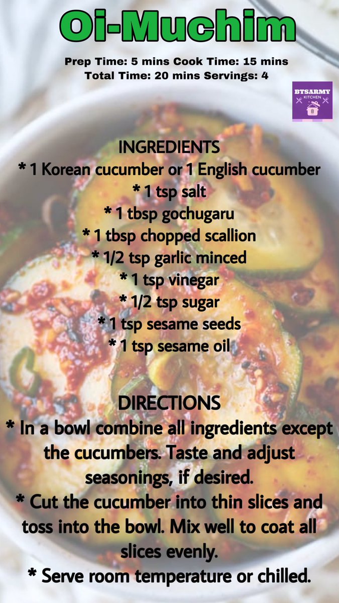 How about some yummy spicy cucumber salad and braised tofu to go with your bowl of rice ?!Oi muchim (오이무침) and Dubu Jorim (두부조림) are must have at the table if you ever been to a Korean restaurant you came across these often.   #FromBTSARMYKitchen  @BTS_twt