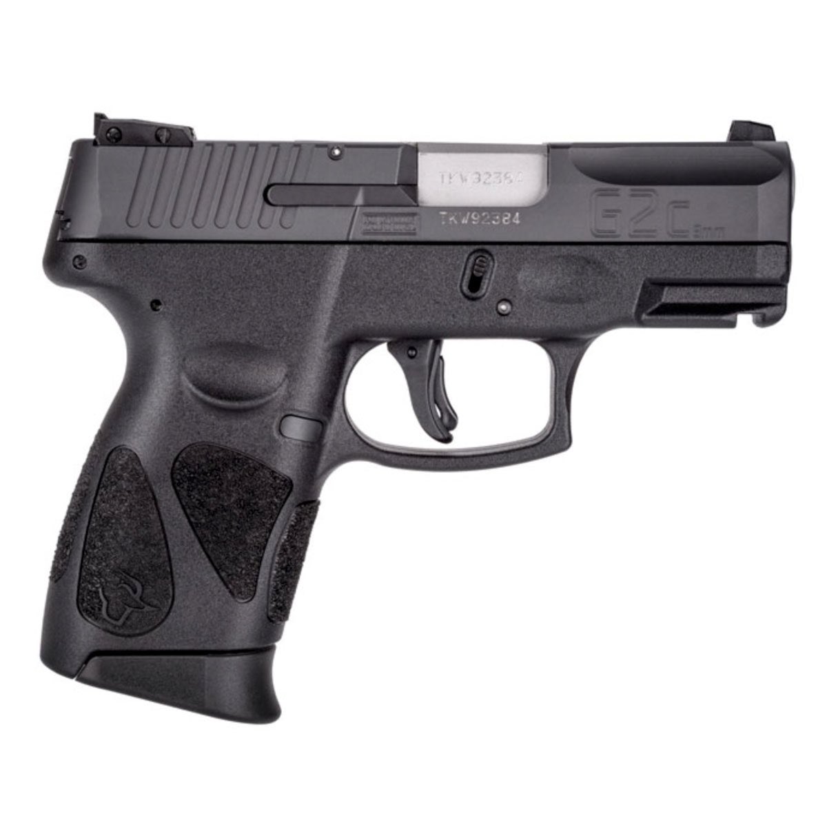 Taurus G2C 9mm. The first two pistols did not have external safeties, this one does! It’s also subcompact, great for concealing and smaller hands. It’s a 9mm caliber, the most common and reliable bullet size. Recoil is also small!