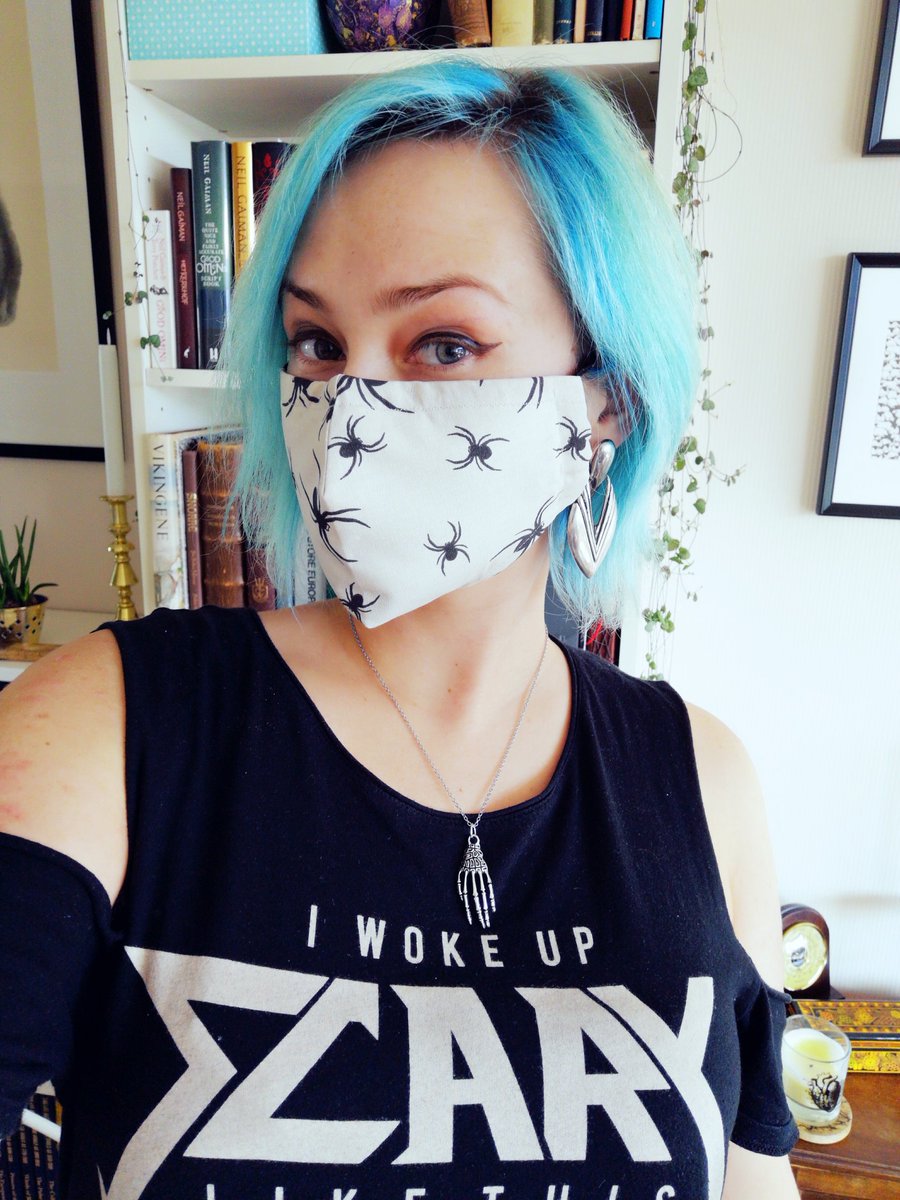 CaffinatedStory's tweet image. Remember that spider print skirt I made myself a while ago? Well now I have a matching mask 🕷️👍