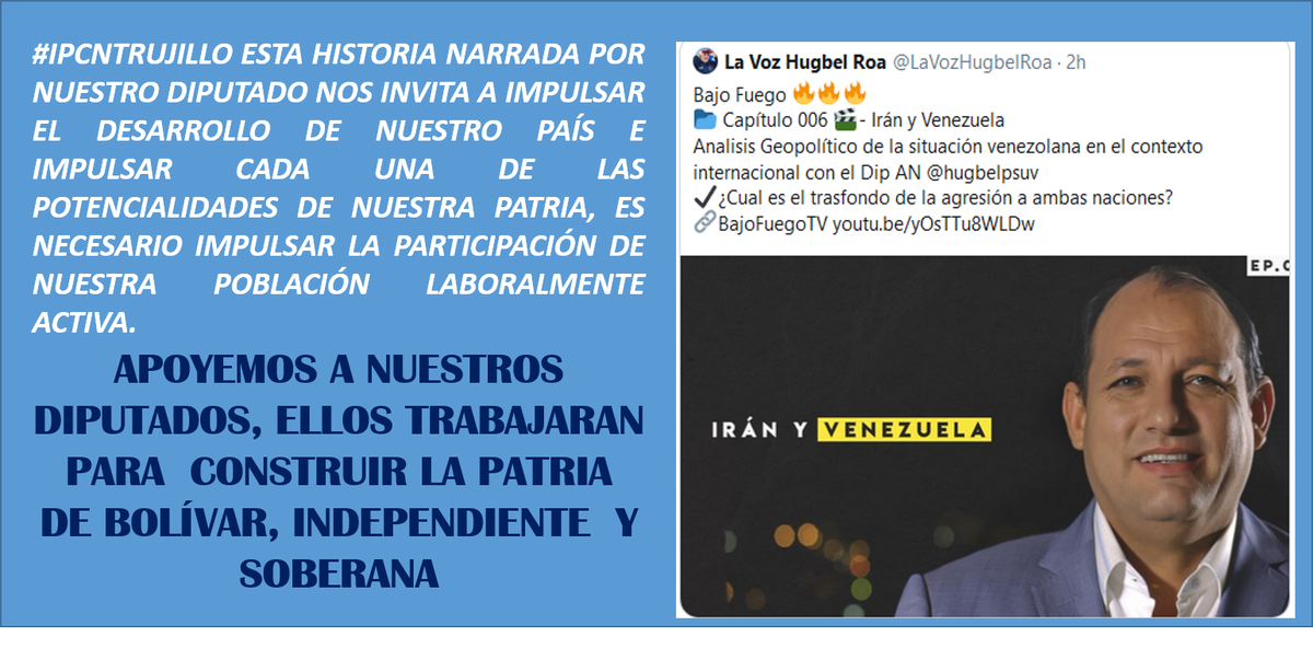#IPCNTRUJILLO <a href="/NicolasMaduro/">Nicolás Maduro</a> <a href="/LaVozHugbelRoa/">La Voz Hugbel Roa</a>  <a href="/LaVozHugbel/">Hugbel Roa</a> @OmarPrietoGob @PsuvTrujillo19 @PsuvCandelaria1 <a href="/LaHojillaenTV/">La Hojillaen</a> <a href="/TareckPSUV/">Tareck El Aissami</a> <a href="/ErikaPSUV/">Erika Farías Peña</a>