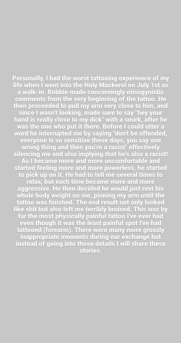 rhubarbbitch's tweet photo. CW/TW: RAPE/ABUSE IN THE TATTOOING INDUSTRY

Robbie Mills of Holy Mackerel in St.Paul is a known rapist and abuser who being employed by a shop that is also owned by a known abuser!!! THIS PLACE NEEDS TO BE PUT OUT OF BUSINESS!!!!! https://t.co/E08IcZBH9B