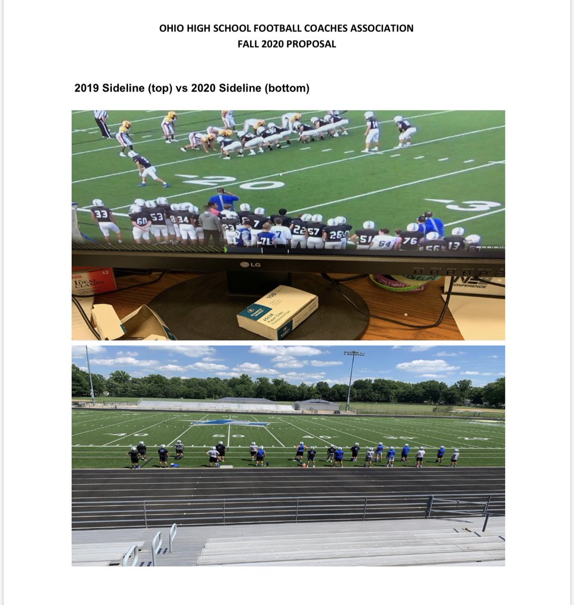 OHSFCA proposal: game day protocols- no player can exhibit symptoms within 72 hours of a game- no handshakes- one representative for coin toss- limit locker room usage - sideline spacing shown below