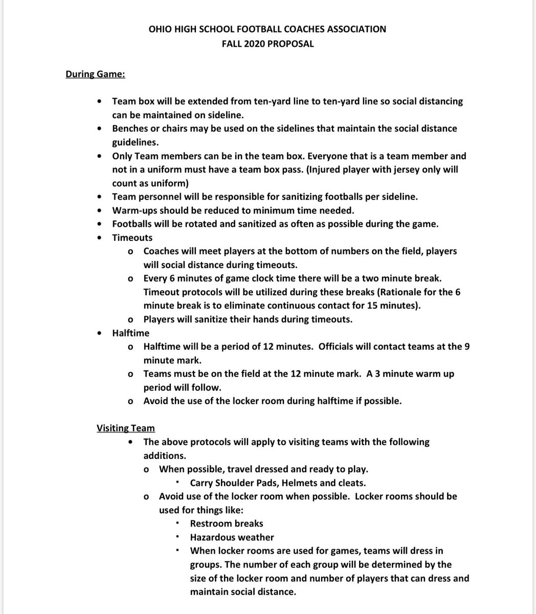 OHSFCA proposal: game day protocols- no player can exhibit symptoms within 72 hours of a game- no handshakes- one representative for coin toss- limit locker room usage - sideline spacing shown below