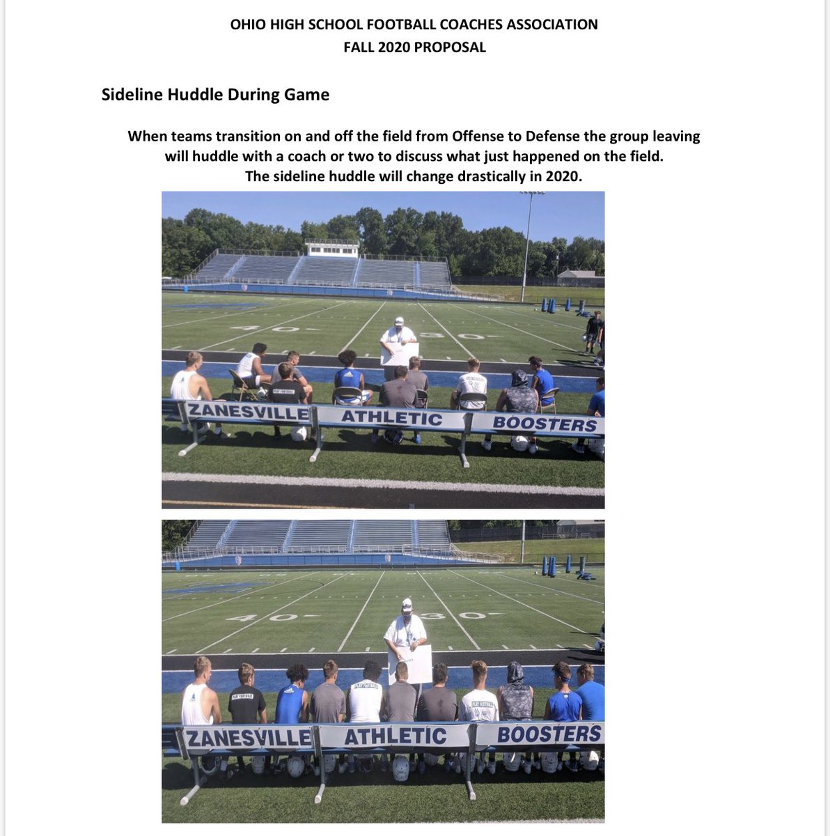 OHSFCA proposal: game day protocols- no player can exhibit symptoms within 72 hours of a game- no handshakes- one representative for coin toss- limit locker room usage - sideline spacing shown below