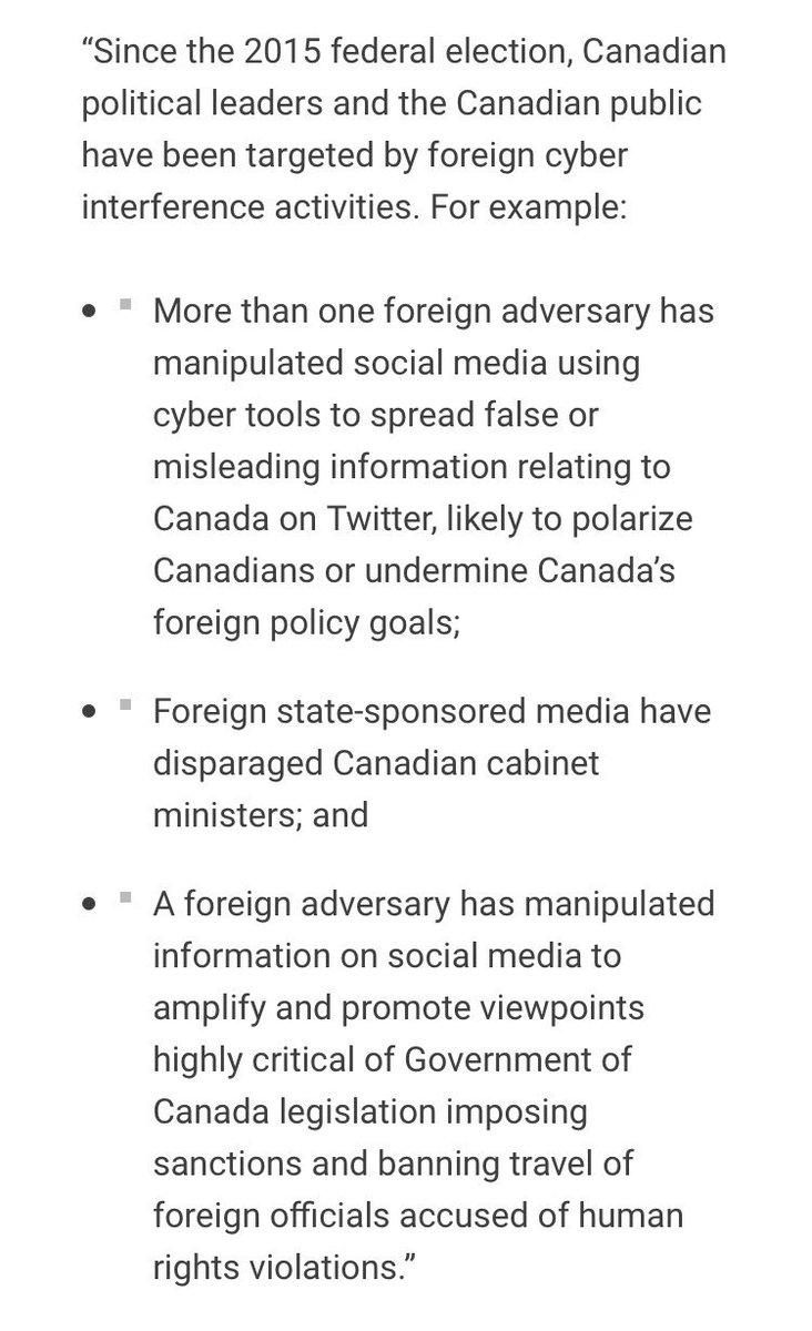 The Communications Security Establishment (CSE) has stated that  has been the target of foreign malign influence operations starting in 2015. These are global operations seeking to install authoritarian gov’ts. RW parties are more than willing to “collude” for power.  #cdnpoli