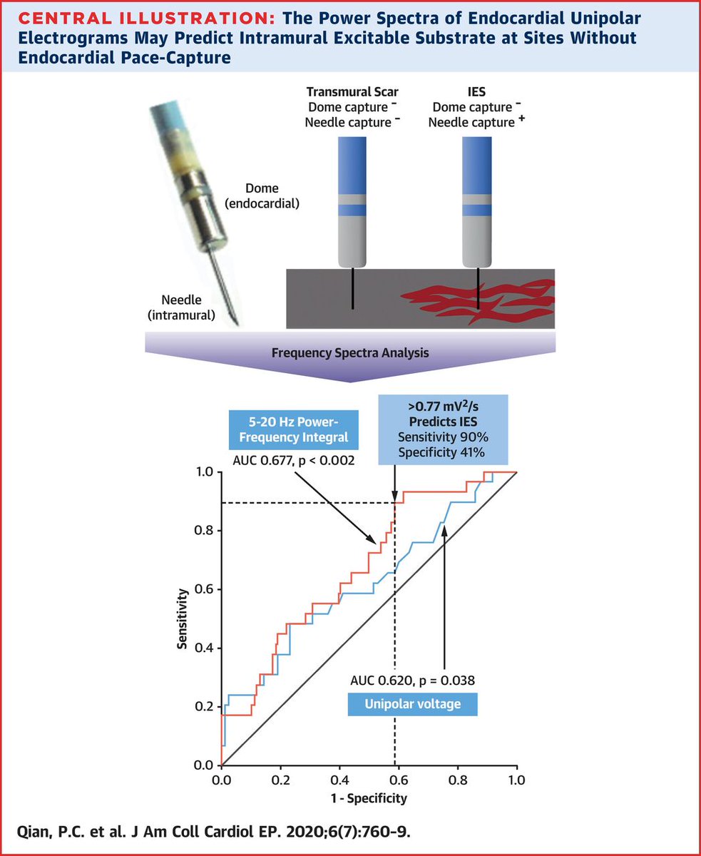 Deep intramural excitable substrate (IES) exhibit higher power in frequencies particularly in the 5-20Hz range. Frequency was a stronger predictor of IES than unipolar voltage. bit.ly/3fOx9KJ #JACCCEP #AblateVT @PiereChengQuan <a href="/utedrow/">Usha Tedrow</a>