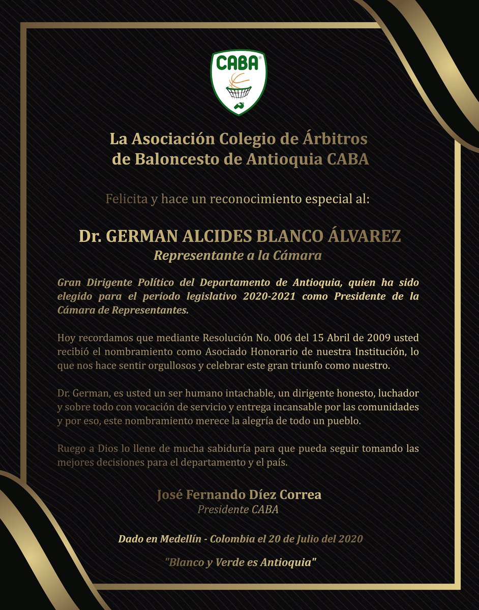 arbitroscaba's tweet photo. En @arbitroscaba hacemos un reconocimiento especial al Dr. @GermanBlancoA - Presidente de la Cámara de Representantes 2020 - 2021.

Recordamos que mediante Resolución No 006 del 15/04/09 usted recibió el nombramiento como Asociado Honorario, lo que hoy nos hace sentir orgullosos https://t.co/CQyiXOB57T