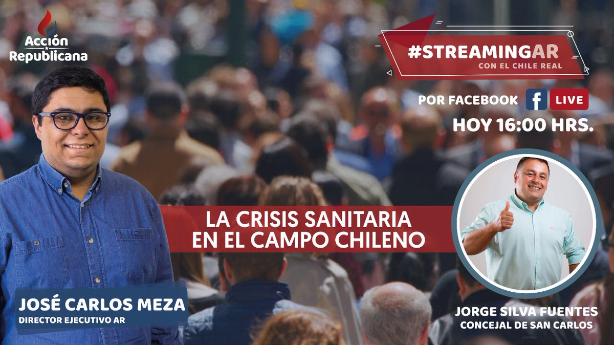 a_republicana's tweet photo. 📡 LA CRISIS SANITARIA EN EL CAMPO CHILENO
Hoy a las 16 horas en un nuevo espacio del Chile real, @JoseMezaPereira estará junto a Jorge Silva, Concejal de San Carlos para hablar sobre cómo se ha vivido y han enfrentado la pandemia en las comunas rurales. #StreamingAR 🇨🇱 https://t.co/oOZ4WmASzf