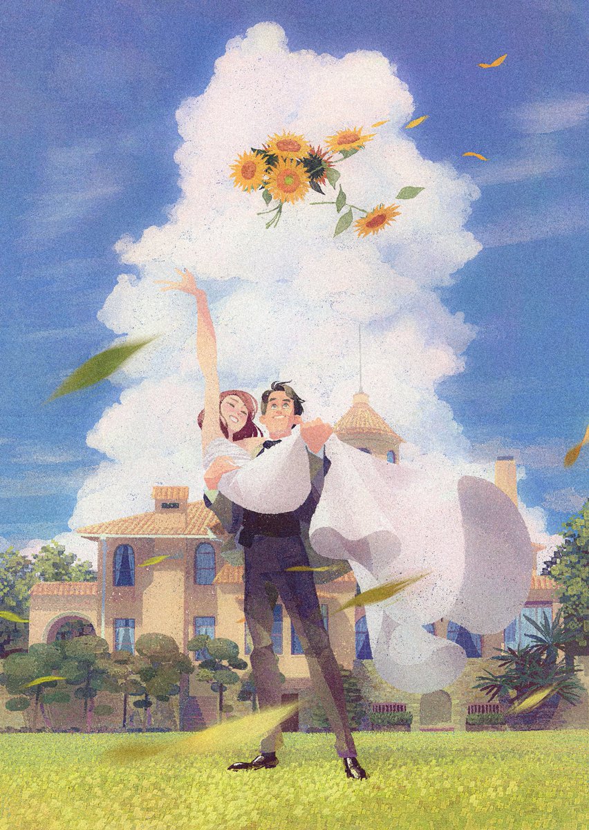 1girl 1boy flower dress husband and wife outdoors sky  illustration images