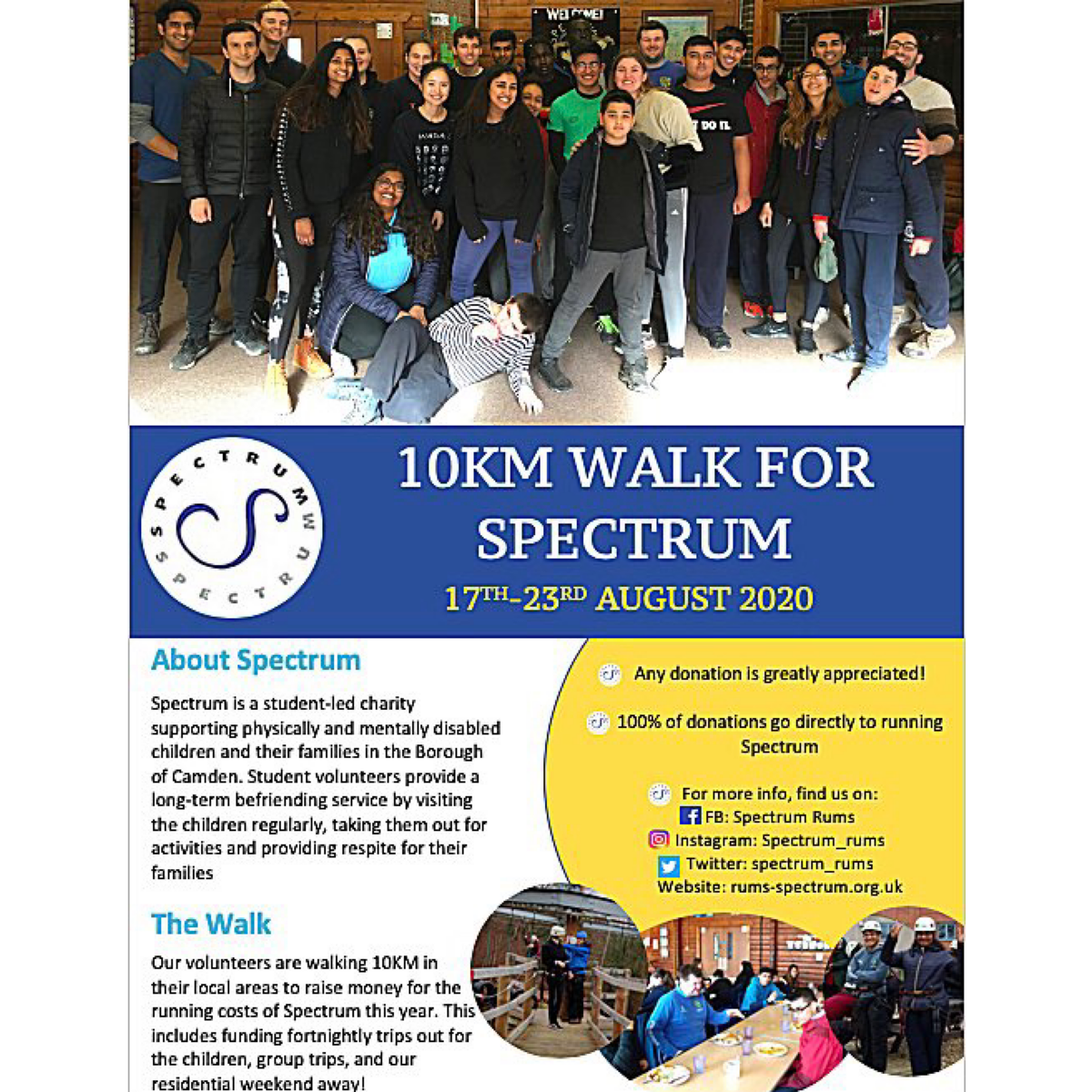 spectrum_rums's tweet photo. Spectrum needs your help!

Between 17th-23rd August, our volunteers will be walking 10Km in their local areas to raise money to run Spectrum next year!
Any donation is greatly appreciated! 
https://t.co/104ztronnP
For more info see our Facebook page: https://t.co/QyH1VAi3VH https://t.co/iKe5pPjeCC