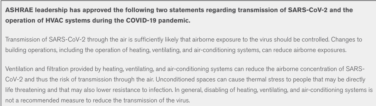 ...US HVAC experts statement:Transmission of SARS-CoV-2 through the air is sufficiently likely that airborne exposure to the virus should be controlled. Changes to building operations, including the operation of HVAC systems can reduce airborne exposureGood to see action! 3/3