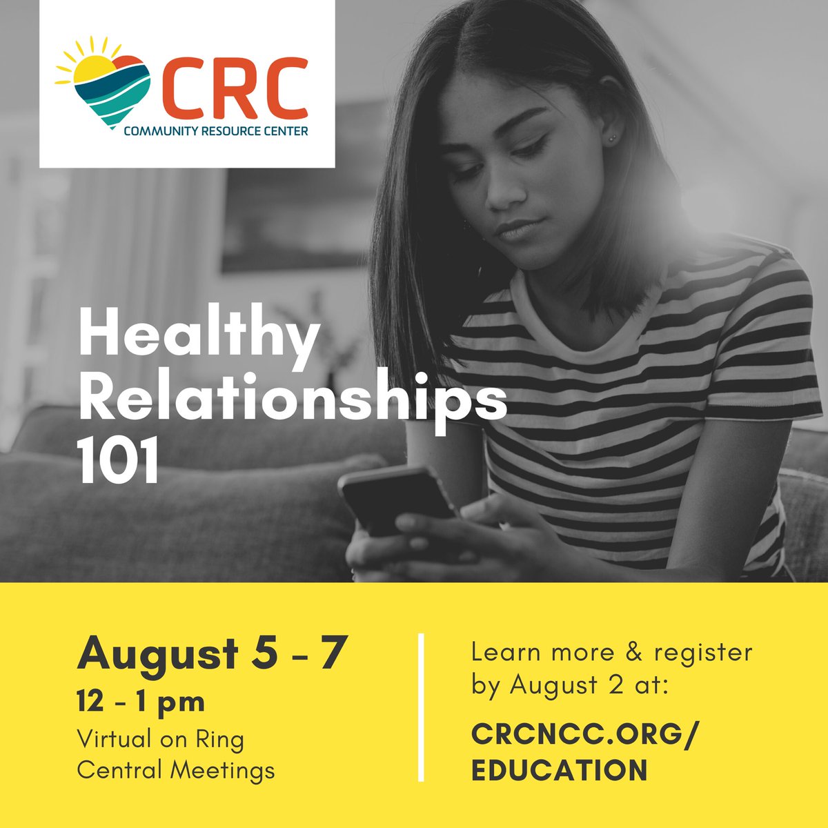 👋Do you know a teen leader or advocate in your community? Invite them to join CRC Aug 5-7 for our virtual series, Healthy Relationships 101. #CRCteenadvocacy #loveisrespect #healthyrelationships #teenadvocate #enddvnow #preventionworks #domesticviolenceprevention #enddatingabuse