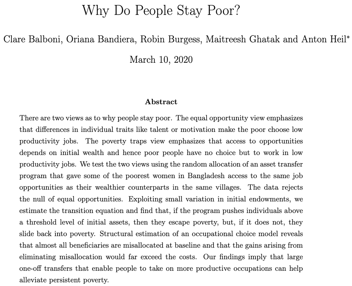 Clare Balboni et al.'s paper "Why do people stay poor?" is truly remarkable. Even in a field so enamored with theoretical models like Economics, I've rarely seen real-life data fit so remarkably with what the model predicts...