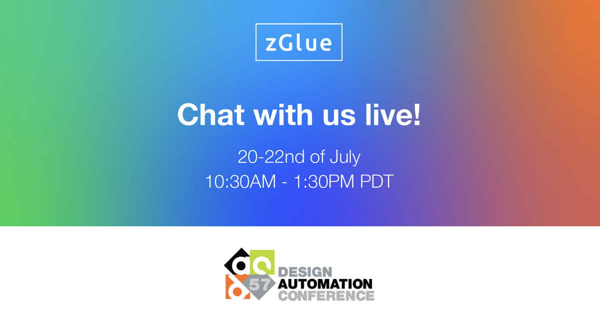 👋 We are live at our virtual booth bit.ly/zgluedac2020 right now! Come join us for a chat or browse through zGlue Products and ask us any questions you have! 👋💬

#57thDAC #57DAC #AI #electronicdesign
#semiconductor #EDA #IEEE #ACM #SemiEDA #SemiIP #DAC2020