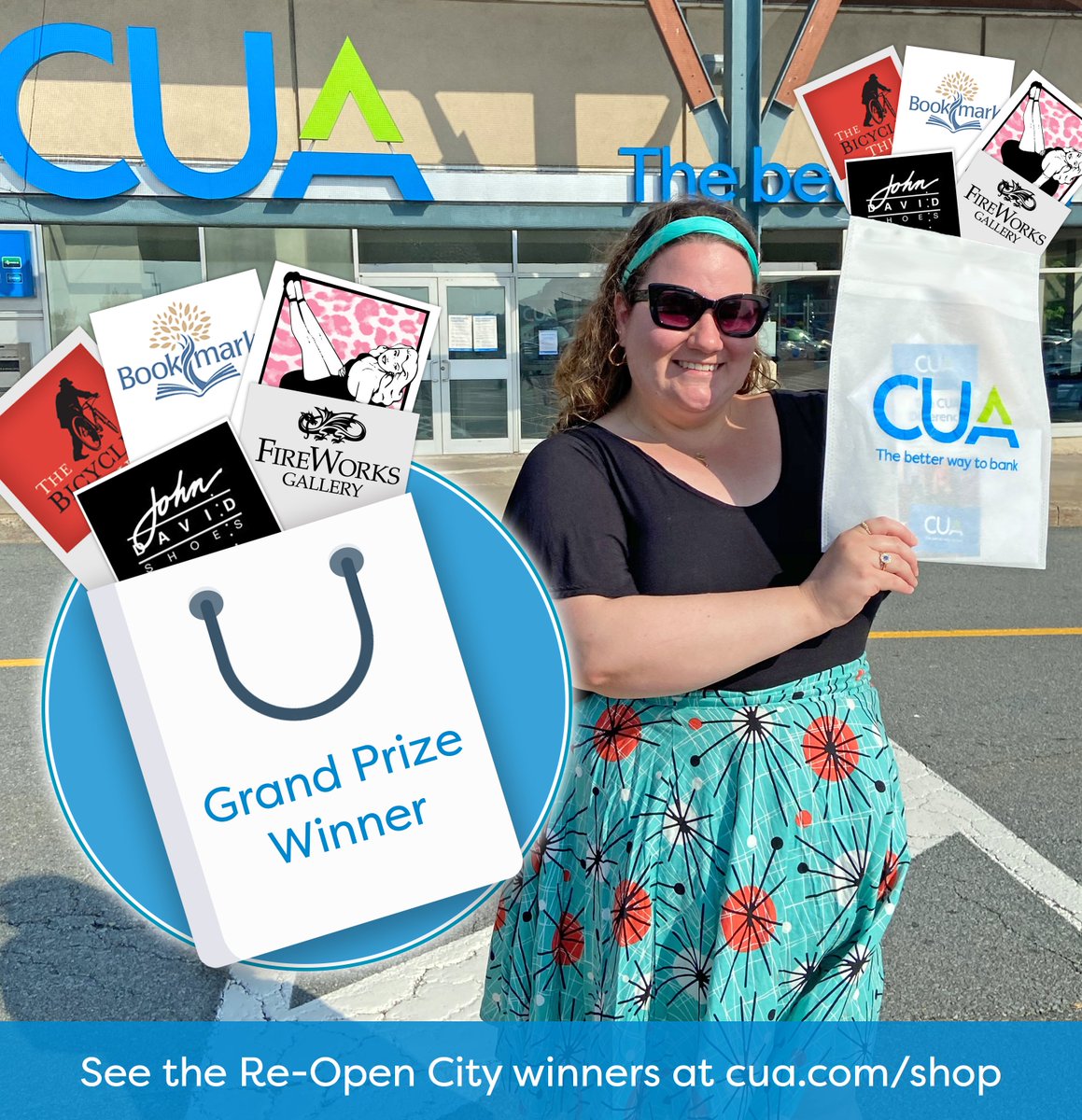 CUAbanking's tweet photo. Congratulations Sonja, the Grand Prize Winner of our Better Way Shopping Giveaway 🛍#ReOpenCityHFX

For $1,500 to any #NovaScotia-owned businesses, Sonja chose: $1000 @fireworkshfx, $250 
@OurBicycleThief, $100 @vvixenapparel, $100 
@JohnDavidShoes, $50 @BookmarkHalifax https://t.co/P2HlYRzz9a