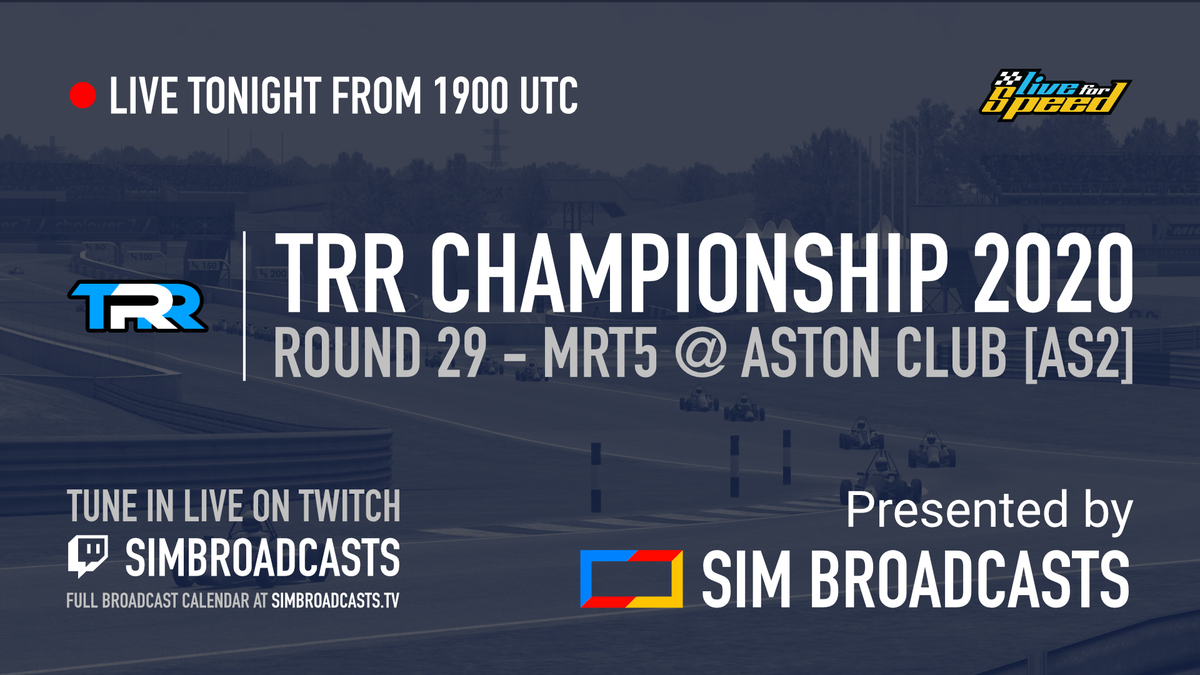 simbroadcasts's tweet photo. 🔴 LIVE Today from 19:00 UTC: @LFSracing Team Rock Racing Championship 2020 Round 29 - MRT @ Aston Club. Tune in at: https://t.co/YbrSUYVY80

#simracing #livestream #sbtv #lfs #oec5 https://t.co/mhRl7RH0DP