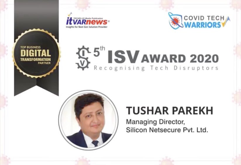 Siliconetsecure's tweet image. Humbled to be recognized as &apos;Top Business Digital Transformation Partner&apos; at the prestigious 5th ISV Virtual Summit &amp;amp; Awards 2020 by TechPlus Media @itVARnews @Techplusmedia 

Thank you Anuj Singhal and team TechPlus Media for the motivation and recognition.