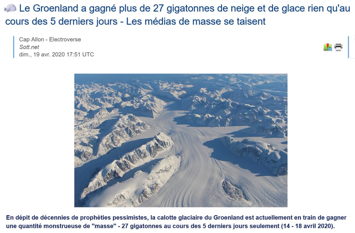 Le saviez-vous ?Contrairement à ce que racontent les climatologues et les médias de masse, le Groenland GAGNE chaque année de la glace. C’est du moins ce qui se raconte sur les internets, graphique à l’appui.Les médias nous manipulent, hein ?Thread on the rocks. 