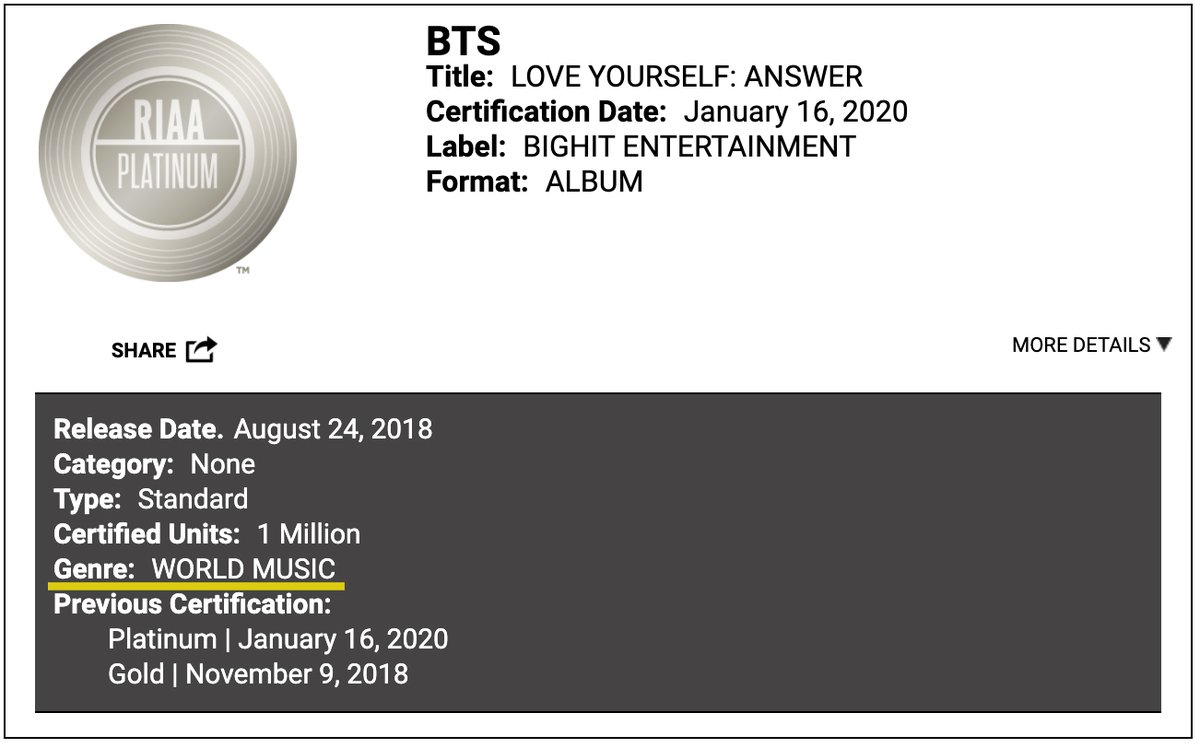 Following my thread about Nielsen ( https://twitter.com/bybrianbyrne/status/1283763420475592704), lots of ARMYs asked why  @BTS_twt's gold & platinum awards are listed as "WORLD MUSIC."Example: