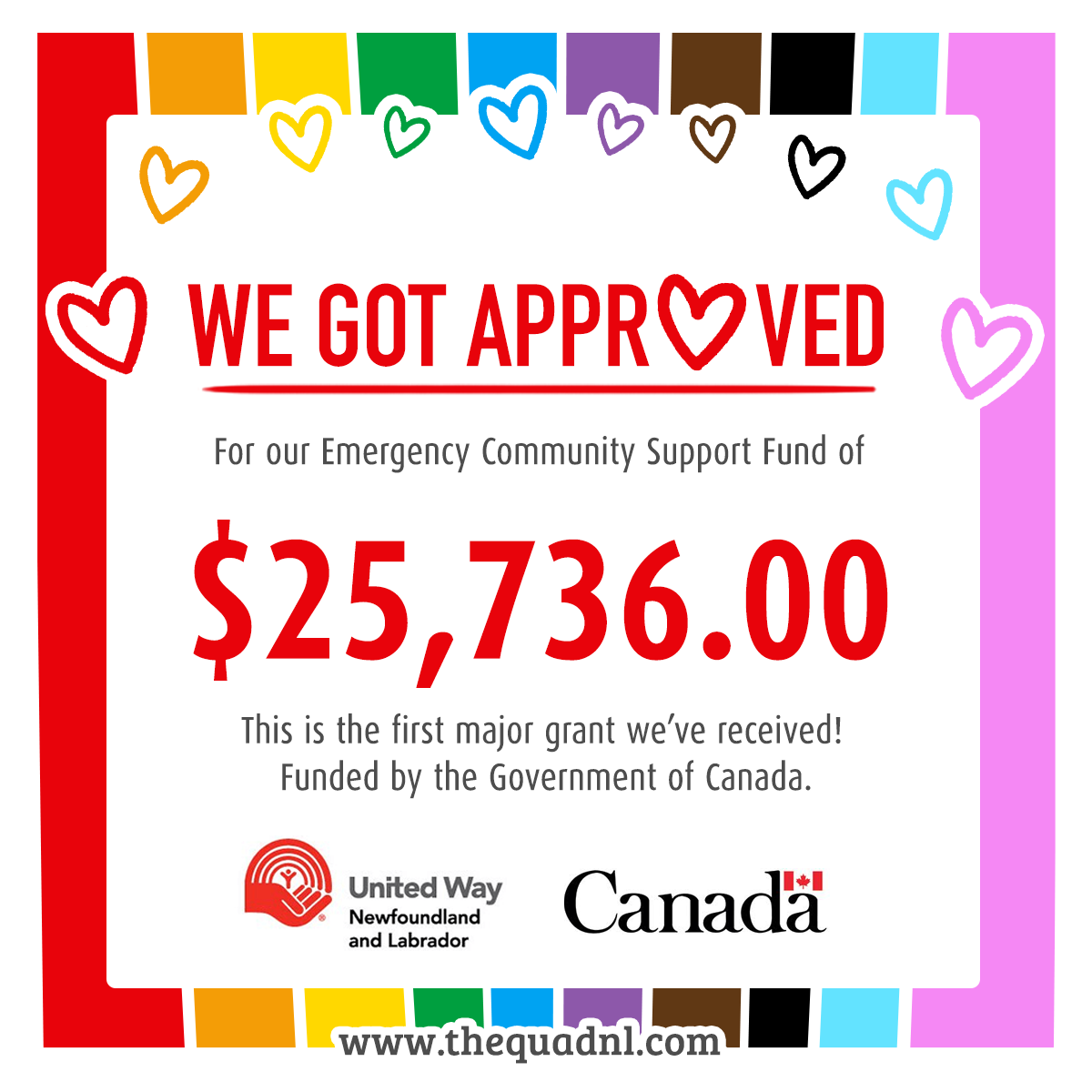 🎉We've Been Approved for our very FIRST large scale grant of $25,736.00🎉Our Feeding The Body and Soul of the 2SLGBTQIA+ Community Project, Funded by the Government of Canada, Immense thanks to <a href="/UnitedWayNL/">United Way NL</a> and the Emergency Community Support Fund from <a href="/ESDC_GC/">Employment and Social Development Canada</a>. #ECSFund