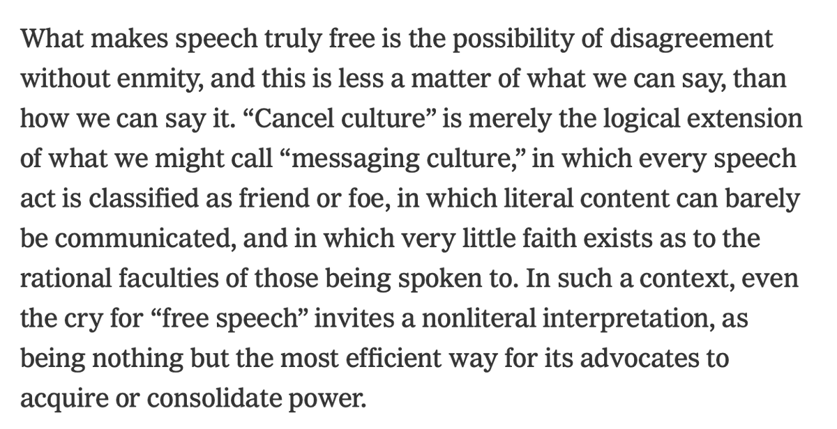 I guess the fundamental way it's wrong is that this is a misread of the situation. in general people are objecting to specific beliefs others are articulating. this seems to be an attempt to gloss anger at the Harper's letter but apply it as a totalizing theory?