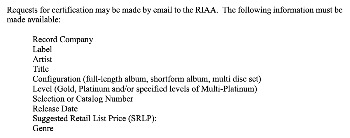 The RIAA told me: "The RIAA itself does not choose any of the categorizations for the gold and platinum awards program. The label or artist when applying selects the genre of themselves."Plus, as  @btbtbtsssssss_ recently noted, the RIAA states the following on its website: