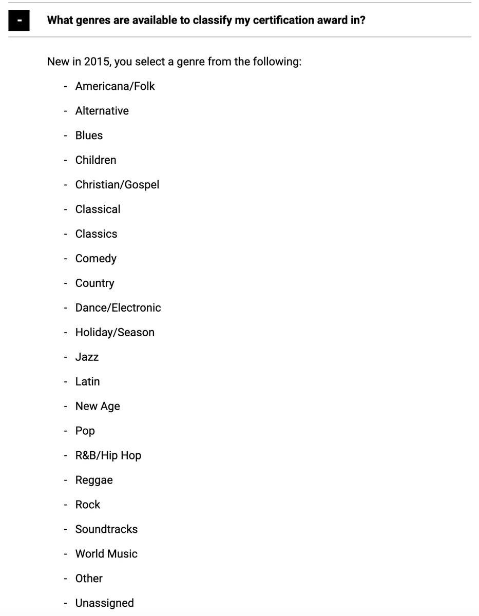 Psy, meanwhile, got his certifications in 2013, two years before the RIAA even asked entrants to provide one of the below genres. For this reason, it makes sense that the genre for his awards is listed as "None."